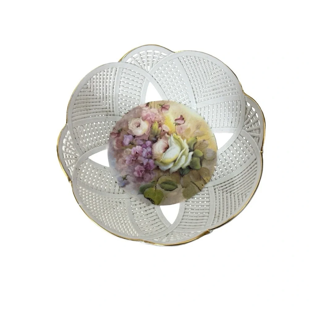 Vintage Porcelain Gold Trimed Bowl Reticulated Floral Liette Apulum Lucru Manual
